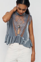 By Anthropologie Harmony Velvet Lace Peplum Blouse