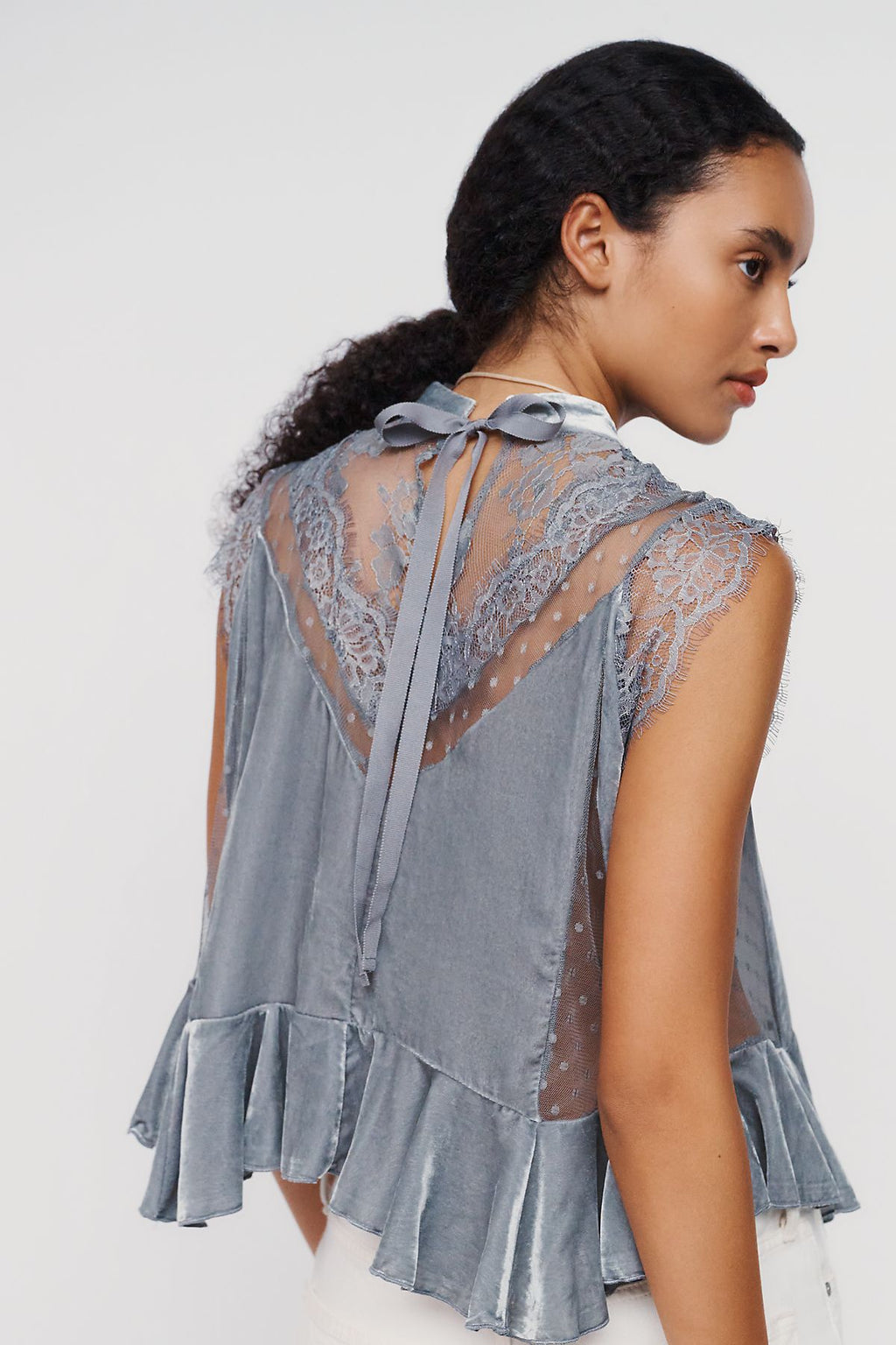 By Anthropologie Harmony Velvet Lace Peplum Blouse