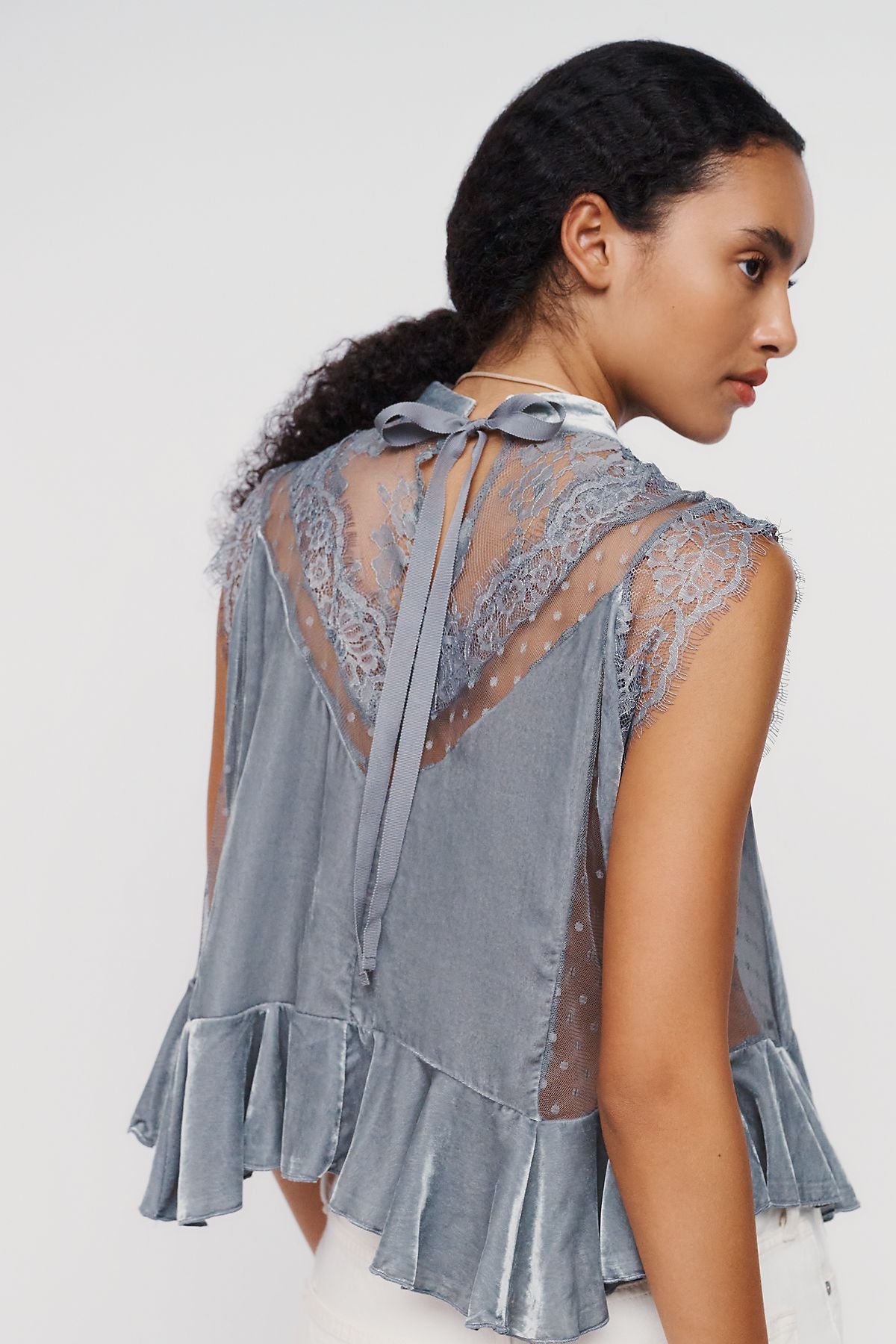 By Anthropologie Harmony Velvet Lace Peplum Blouse