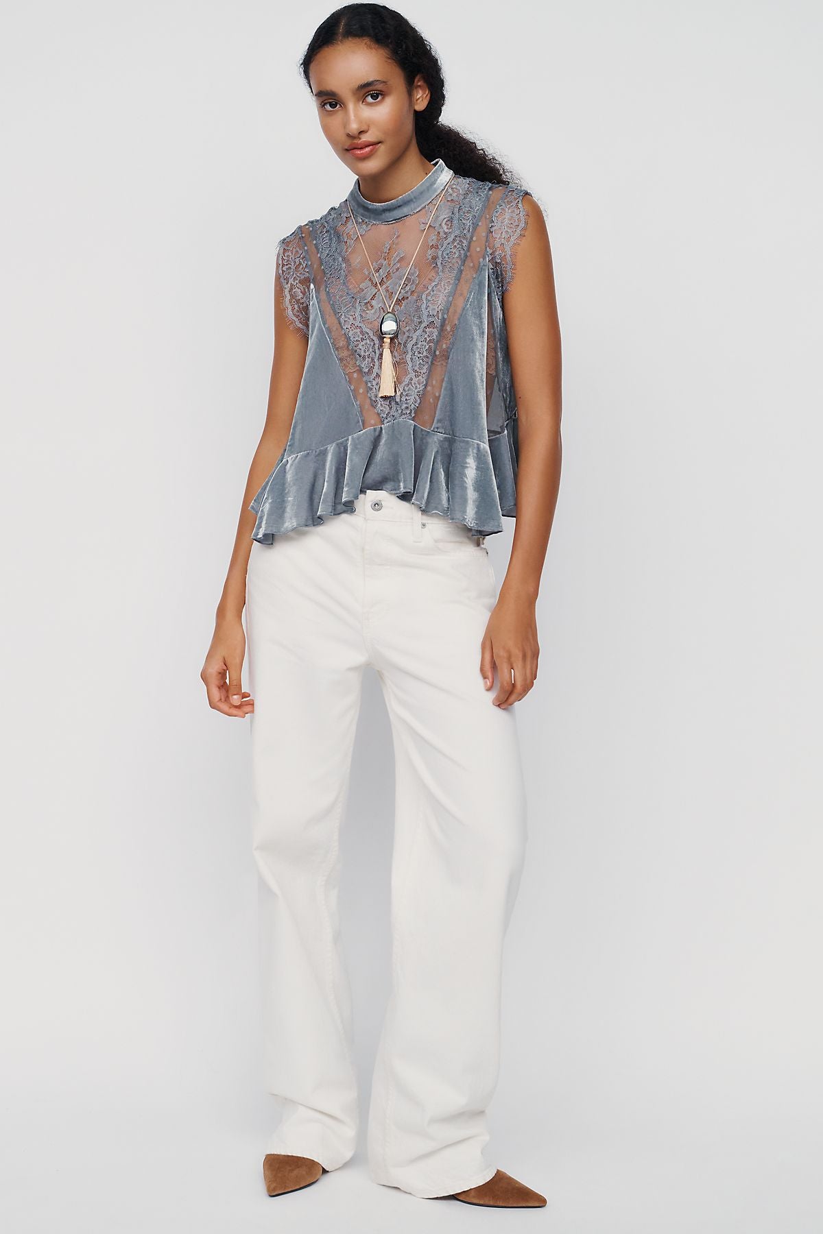 By Anthropologie Harmony Velvet Lace Peplum Blouse