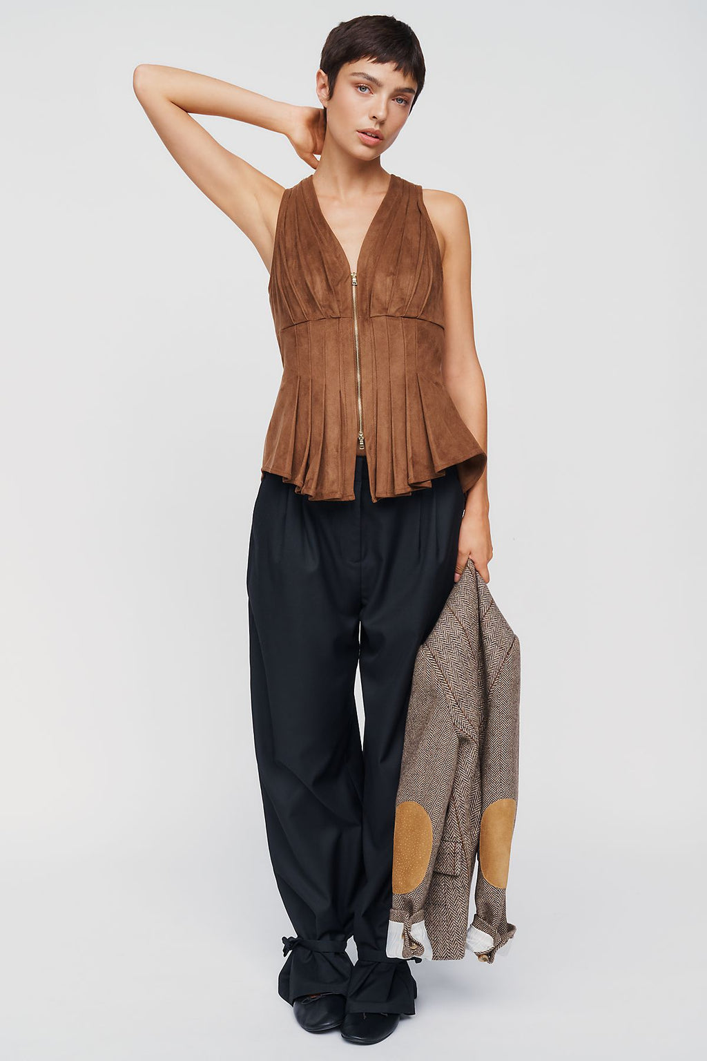 Maeve Viki Faux Suede Zip Front Waisted Top