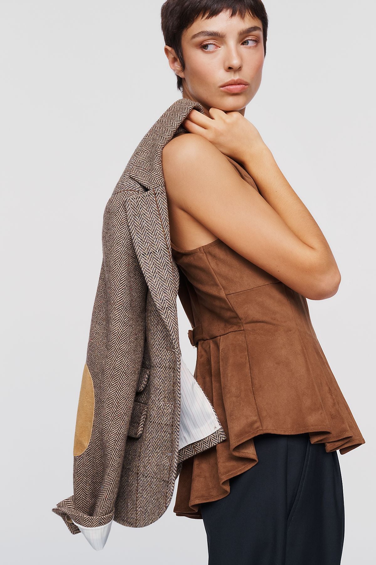 Maeve Viki Faux Suede Zip Front Waisted Top